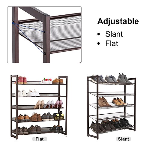 SONGMICS Shoe Rack, 5-Tier Stackable Shoe Storage Shelf, Metal Mesh, Flat or Angled Shoe Organizer Rack for 20 to 25 Pairs of Shoes, Short Boots, High Heels, Bronze