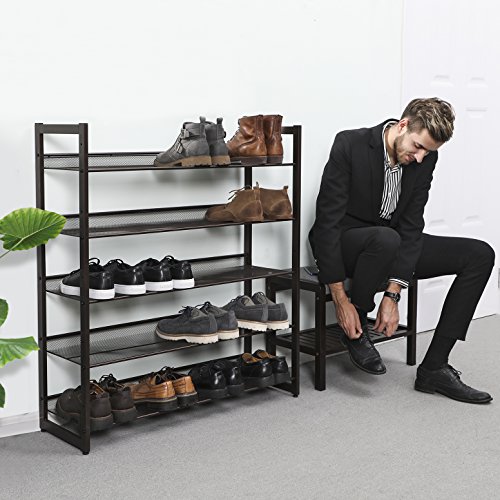 SONGMICS Shoe Rack, 5-Tier Stackable Shoe Storage Shelf, Metal Mesh, Flat or Angled Shoe Organizer Rack for 20 to 25 Pairs of Shoes, Short Boots, High Heels, Bronze