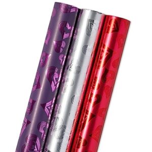 juvale 3 rolls metallic gift wrapping paper rolls, holographic shiny hearts wraps for valentine's day, wedding & birthday, 3 colors, 17 in x 17.3 ft