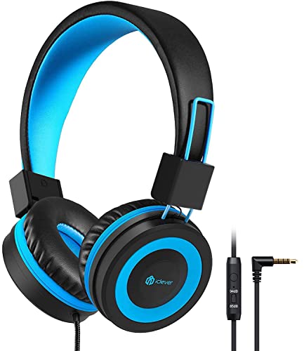 iClever HS14 Kids Headphones, Headphones for Kids with 94dB Volume Limited for Boys Girls, Adjustable Headband, Foldable, Child Headphones on Ear for Study Tablet Airplane School, Black, Blue