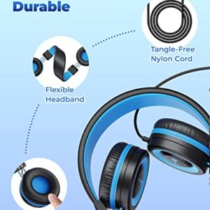 iClever HS14 Kids Headphones, Headphones for Kids with 94dB Volume Limited for Boys Girls, Adjustable Headband, Foldable, Child Headphones on Ear for Study Tablet Airplane School, Black, Blue