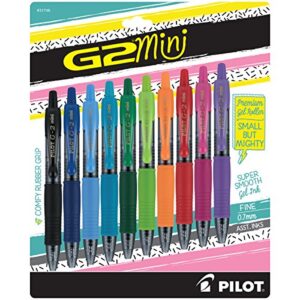 pilot, g2 mini premium rolling ball gel pens, fine point 0.7mm, assorted colors, pack of 10
