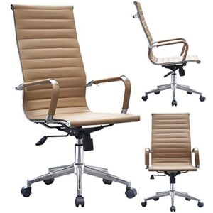 2xhome modern office desk chairs high back ribbed pu leather conference task armchairs with swivel tilt & adjustable height, tan
