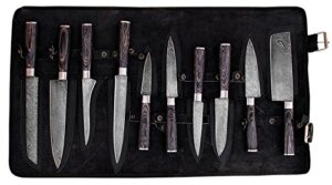 g49- professional kitchen knives custom made damascus steel pcs of utility kitchen knife set round wood handle with pocket case chef knife roll bag (10, black)