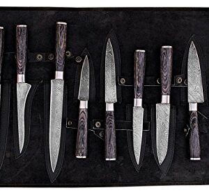 G49- Professional Kitchen Knives Custom Made Damascus Steel pcs of Utility Kitchen Knife Set Round Wood Handle with Pocket Case Chef Knife Roll Bag (10, Black)