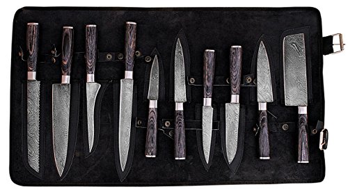 G49- Professional Kitchen Knives Custom Made Damascus Steel pcs of Utility Kitchen Knife Set Round Wood Handle with Pocket Case Chef Knife Roll Bag (10, Black)