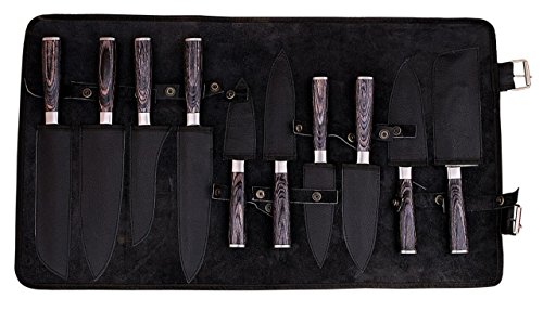 G49- Professional Kitchen Knives Custom Made Damascus Steel pcs of Utility Kitchen Knife Set Round Wood Handle with Pocket Case Chef Knife Roll Bag (10, Black)