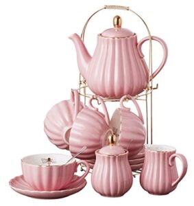 jusalpha fine china pink coffee cup/teacup set, 7 oz cups& saucer service for 4, with teapot-sugar bowl-cream pitcher teaspoons and tea strainer for tea/coffee, 17-pieces (tw full set)