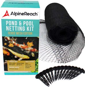 alpinereach koi pond netting kit 15 x 20 ft black heavy duty woven fine mesh net cover for leaves - protects koi fish from blue heron birds, cats & predators – reusable & stakes included