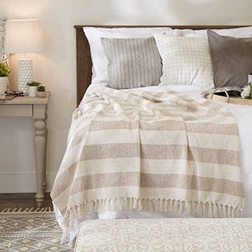 DII Rustic Farmhouse Cotton Cabana Striped Blanket Throw with Fringe, 50 x 60 - Cabana Striped Stone