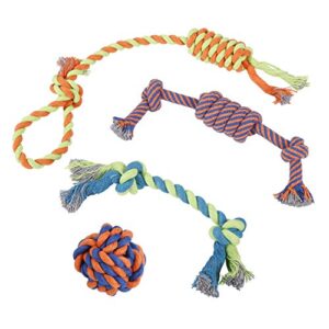 dog chew rope toys – set of 4 ropes - for large, small teething pets – all puppy breeds aggressive chewers – 100% cotton for natural floss – with ball, tough teething rope, tug-of-war & fetching bone