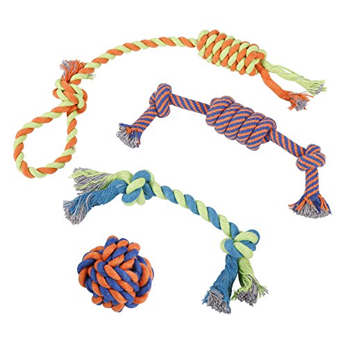 Dog Chew Rope Toys – Set Of 4 Ropes - For Large, Small Teething Pets – All Puppy Breeds Aggressive Chewers – 100% Cotton for Natural Floss – With Ball, Tough Teething Rope, Tug-Of-War & Fetching Bone