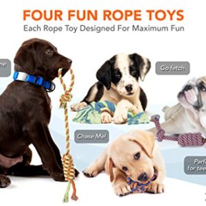 Dog Chew Rope Toys – Set Of 4 Ropes - For Large, Small Teething Pets – All Puppy Breeds Aggressive Chewers – 100% Cotton for Natural Floss – With Ball, Tough Teething Rope, Tug-Of-War & Fetching Bone