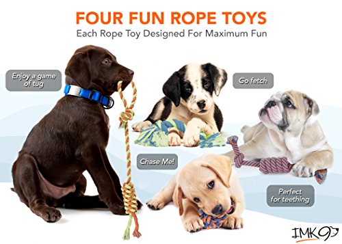 Dog Chew Rope Toys – Set Of 4 Ropes - For Large, Small Teething Pets – All Puppy Breeds Aggressive Chewers – 100% Cotton for Natural Floss – With Ball, Tough Teething Rope, Tug-Of-War & Fetching Bone