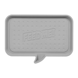 iris usa small "feed me" feeding mat with raised edges and non-slip rubber feet, easy clean protective waterproof feed tray for pet dog food and water bowls and pet water fountains, gray