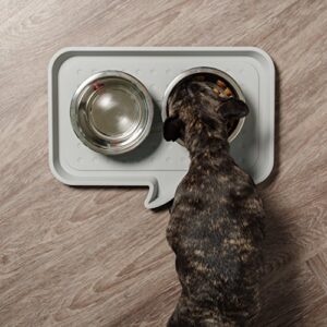 IRIS USA Small "Feed Me" Feeding Mat with Raised Edges and Non-Slip Rubber Feet, Easy Clean Protective Waterproof Feed Tray for Pet Dog Food and Water Bowls and Pet Water Fountains, Gray