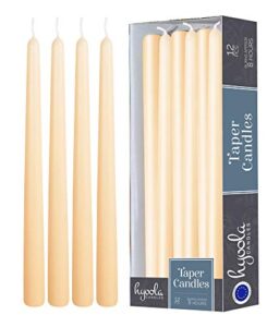 12 pack tall taper candles - 10 inch cream dripless, unscented dinner candle - paraffin wax with cotton wicks - 8 hour burn time