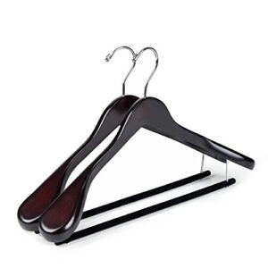 luxury wide shoulder wooden hangers 2 pack, with velvet bar, smooth mahogany finish wood suit hanger coat hanger for closet, holds upto 20lbs, 360° swivel hook, for jacket, dress heavy clothes hangers