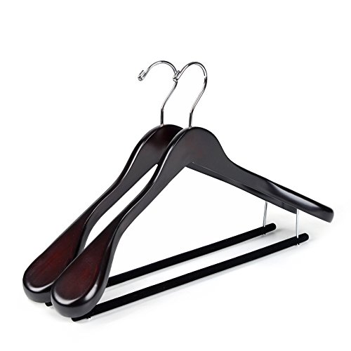 Luxury Wide Shoulder Wooden Hangers 2 Pack, with Velvet Bar, Smooth Mahogany Finish Wood Suit Hanger Coat Hanger for Closet, Holds Upto 20lbs, 360° Swivel Hook, for Jacket, Dress Heavy Clothes Hangers