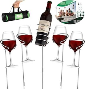 wine bottle & cup stakes holder rack - adjustable height to 36 inches, durable metallic frame, sturdy base & secure grip | holds bottles of wine, beer,champagne,beverages,glasses& more 5 pieces set