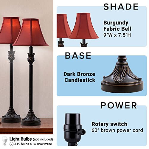 Catalina Lighting 25.75" Brenda Bronze Set of 2 Buffet Table Lamps with Burgundy Fabric Bell Shades, Bronze
