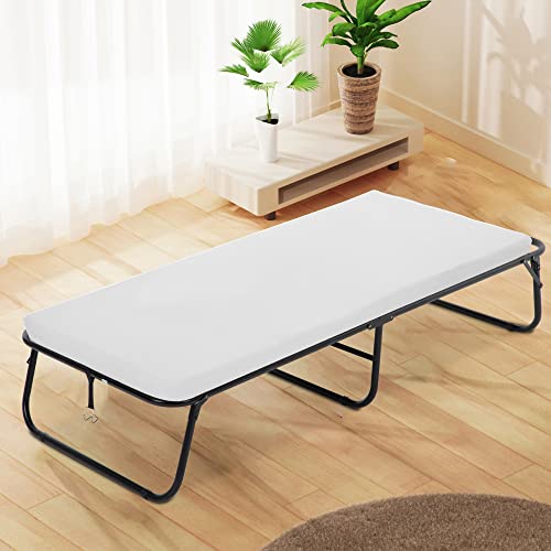 Guest Folding Bed Camping Cot Portable Beds Folding Bed Frame with 3.9 Inch Comfort Foam Mattress Strong Sturdy Frame Heavy Duty L77*W31*H12 Inches for Spare Bedroom & Office，White