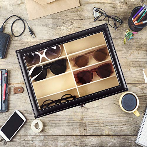 Siveit 8 Slot Sunglass Organizer Leather Eyeglasses Collector Eyewear Display Case Storage Box, Black