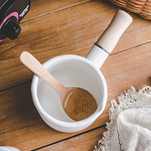 YumCute Home Enamel Milk Pan, Mini Butter Warmer 4 Inch 550ml Enamelware Saucepan Milk Warmer Small Cookware with Wooden Handle, Perfect Size for Heating Smaller Liquid Portions. (White)