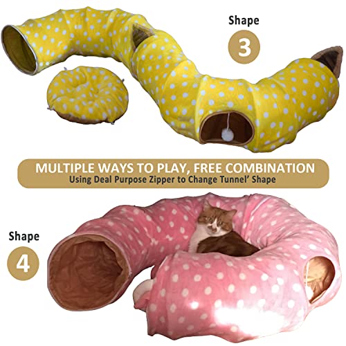 AUOON Cat Tunnel Bed with Central Mat,Big Tube Playground Toys,Soft Plush Material,Full Moon Shape for Kitten,Cat,Puppy,Rabbit,Ferret,Yellow