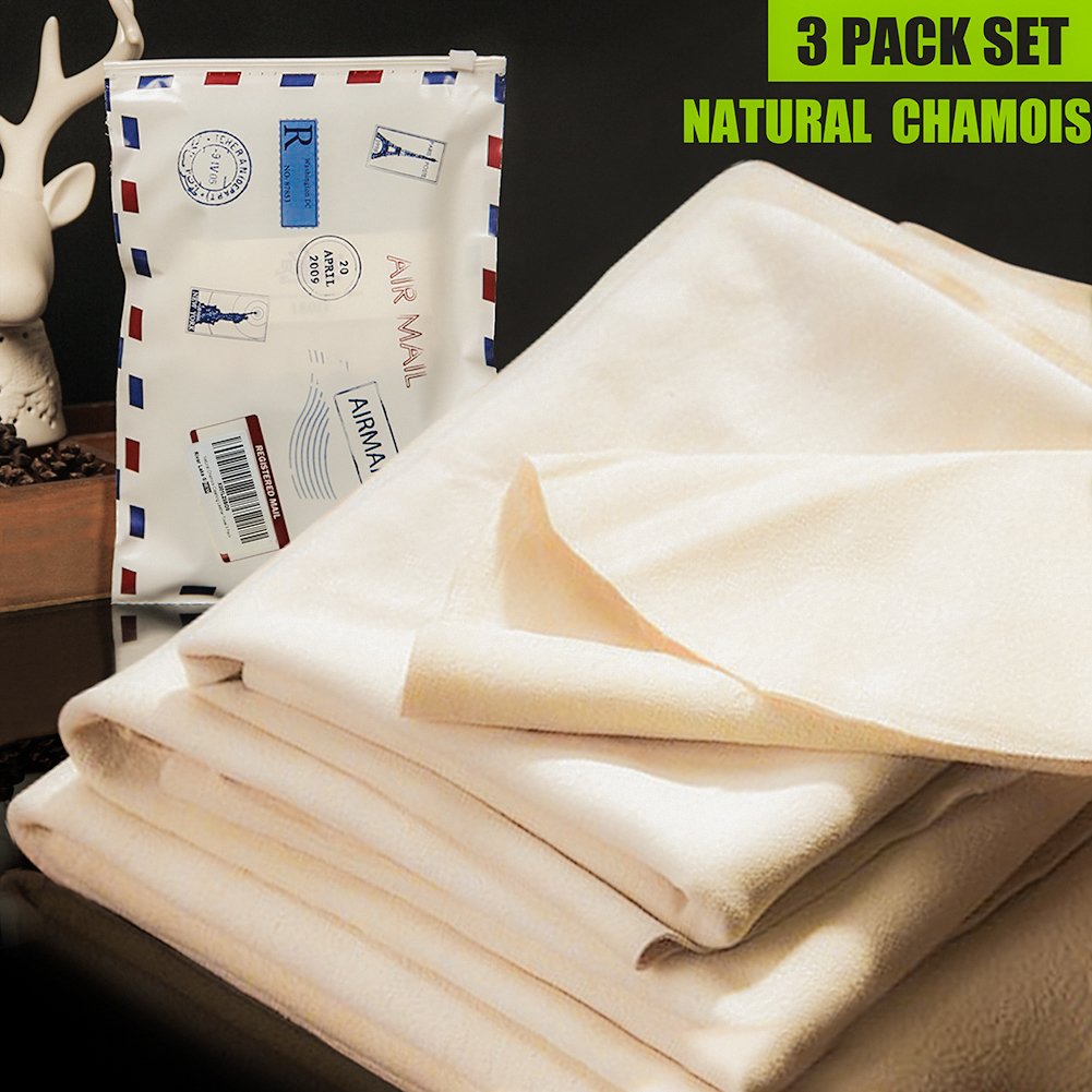 (3 Pack) Car Natural Chamois Cleaning Cloth,Absorber Towel for Car Chamois Drying Towe RIVERLAKE Genuine Deerskin Leather Auto Car Wash Drying Towel,Super Absorbent,3 Available Sizes. (L/M/S 3IN1)