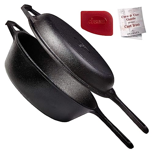 Cast Iron Skillet + Lid - 2-In-1 Multi Cooker - Deep Pot + Frying Pan - 3-Qt Dutch Oven - Pre-Seasoned Oven Safe Cookware - Indoor/Outdoor - Grill, Stovetop, Induction Safe - Great for Bread