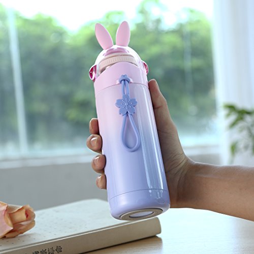 Girls Travel Mug,Cute Rabbit Vacuum Water Bottle-Leak-proof Insulation Tumbler For Kids Adult,12 Ounce (Purple)