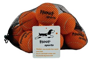 dog tennis balls by woof sports - 12 orange tennis balls for dogs. easy to find! includes carrying bag. medium size balls fits standard ball launchers