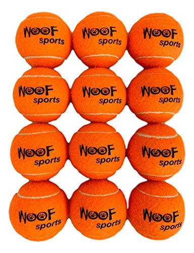 Dog Tennis Balls by Woof Sports - 12 Orange Tennis Balls for Dogs. Easy to Find! Includes Carrying Bag. Medium Size Balls Fits Standard Ball Launchers