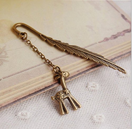 Vintage Brass Feather with Cute Giraffe Bookmark Unique Handmade Gift