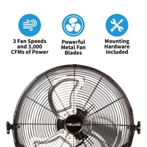 Newair Wall Mounted Fan | 18" Air Fan | High Velocity Blade Fan | 3 Speed Settings | Heavy Duty Fan For Industrial Use | Portable Shop Fan | Black | WindPro18W