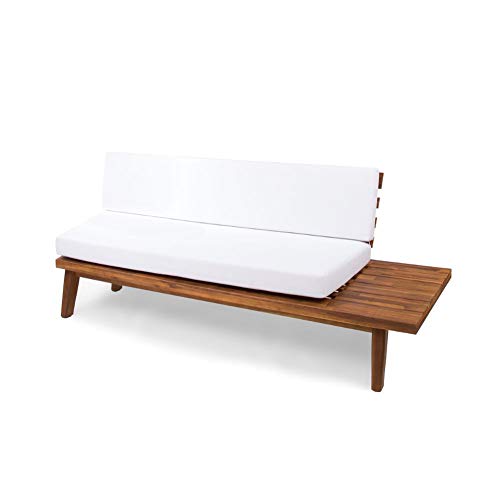 Christopher Knight Home Eulah Indoor Minimalist Acacia Wood Right-Sided Sofa with White Cushions, Sandblast Finish / White