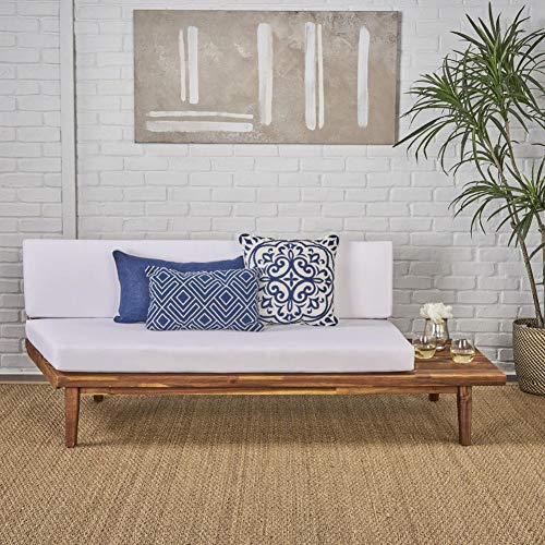 Christopher Knight Home Eulah Indoor Minimalist Acacia Wood Right-Sided Sofa with White Cushions, Sandblast Finish / White