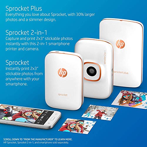 HP Sprocket Plus Instant Color Photo Printer, Print 30% Larger Photos on 2.3x3.4 Sticky-Backed Paper – White (2FR85A)