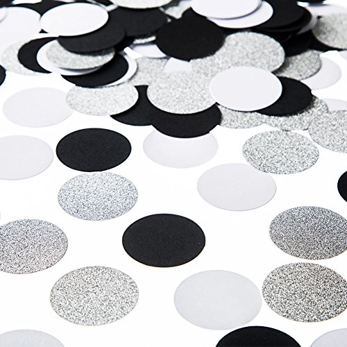 MOWO Glitter Paper Circle Dots Confetti Wedding Birthday Theme Party Table Decoration Glitter Silver, Black and White, 1.2 inch, 200pc