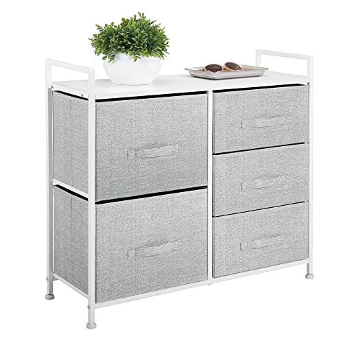 mDesign 30.03" High Steel Frame/Wood Top Storage Dresser Furniture Unit with 5 Removable Fabric Drawers - Tall Bureau Organizer for Bedroom, Living Room, Closet - Lido Collection - Gray/White