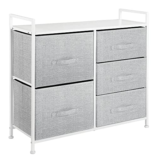 mDesign 30.03" High Steel Frame/Wood Top Storage Dresser Furniture Unit with 5 Removable Fabric Drawers - Tall Bureau Organizer for Bedroom, Living Room, Closet - Lido Collection - Gray/White