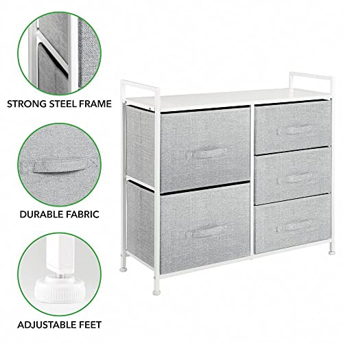 mDesign 30.03" High Steel Frame/Wood Top Storage Dresser Furniture Unit with 5 Removable Fabric Drawers - Tall Bureau Organizer for Bedroom, Living Room, Closet - Lido Collection - Gray/White