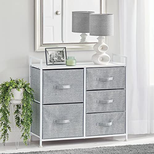 mDesign 30.03" High Steel Frame/Wood Top Storage Dresser Furniture Unit with 5 Removable Fabric Drawers - Tall Bureau Organizer for Bedroom, Living Room, Closet - Lido Collection - Gray/White