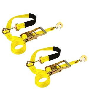 dc cargo 2 pack ratchet axle strap tie downs (2" wide x 114" long) with adjustable ring and slipfree webbing for secure auto hauling, heavy-duty tow straps for car trailers and auto carriers