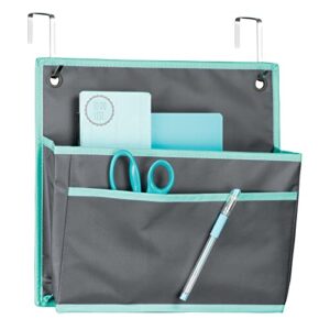 mdesign soft fabric hanging home office, cubicle storage organizer, 2 large pocket organization - holds office supplies, file folder, planner, journal - hang over cubicle wall or door - dark gray/teal