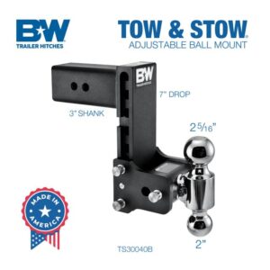B&W Trailer Hitches Tow & Stow Adjustable Trailer Hitch Ball Mount - Fits 3" Receiver, Dual Ball (2" x 2-5/16"), 7.5" Drop, 21,000 GTW - TS30040B