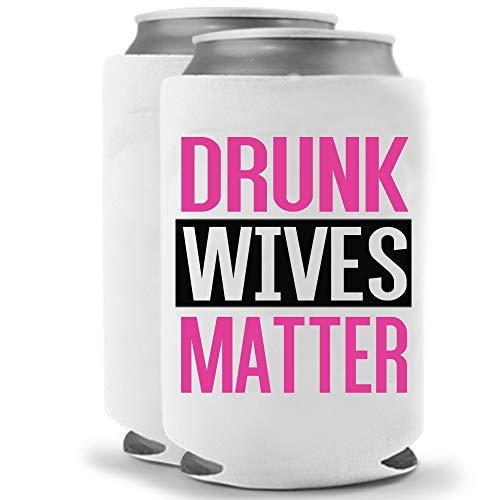 Drunk Wives Matter Pink | Set of Two (2) Funny Novelty Can Cooler Beverage Huggie - | Beer Beverage Holder - Funny Gifts Wife - Quality Neoprene No Fade 12 oz or 16oz Can Cooler (Magenta (2))