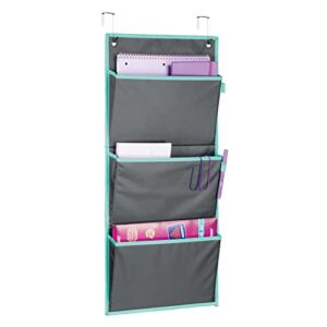 mdesign soft fabric wall mount/over door hanging storage organizer - 3 large pockets - holds office supplies, planners, file folders, notebooks - gray/teal blue