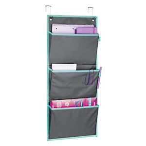 mDesign Soft Fabric Wall Mount/Over Door Hanging Storage Organizer - 3 Large Pockets - Holds Office Supplies, Planners, File Folders, Notebooks - Gray/Teal Blue